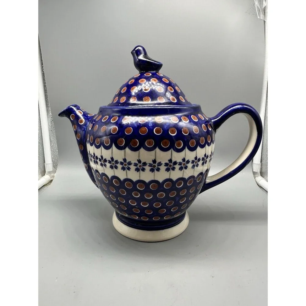 Boleslawiec Polish Pottery Teapot Red Peacock Eye Bird Finial Lid Large 9”